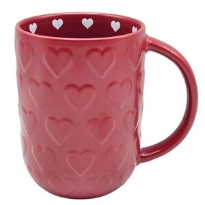 MRK Ceramic Red Coffee Mug Embossed And Printed Hearts Around 16oz Romantic Gift
